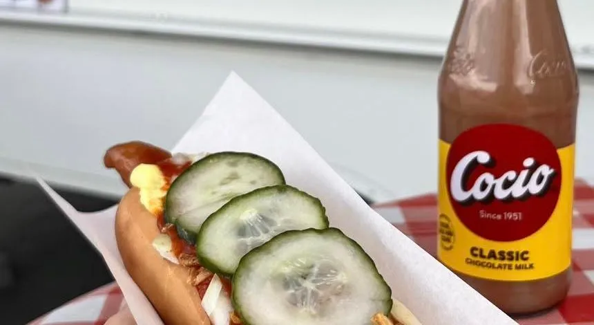 Ristet hotdog med agurk, ristede løg og remoulade på et rød-hvidternet dug